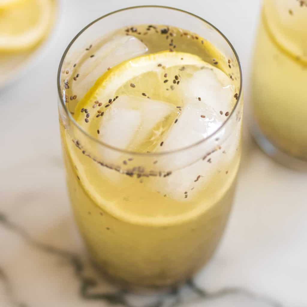 Close-up picture of chia seed lemonade.