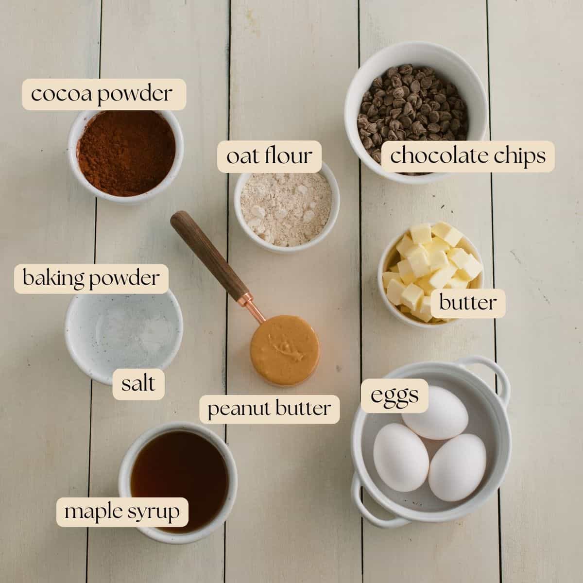 The 9 ingredients required to make oat flour brownies.