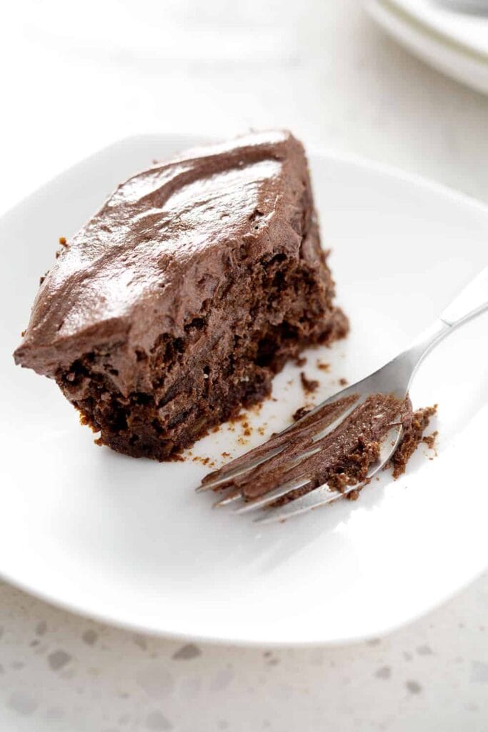 A piece of chocolate cake on a white plate with a fork beside.